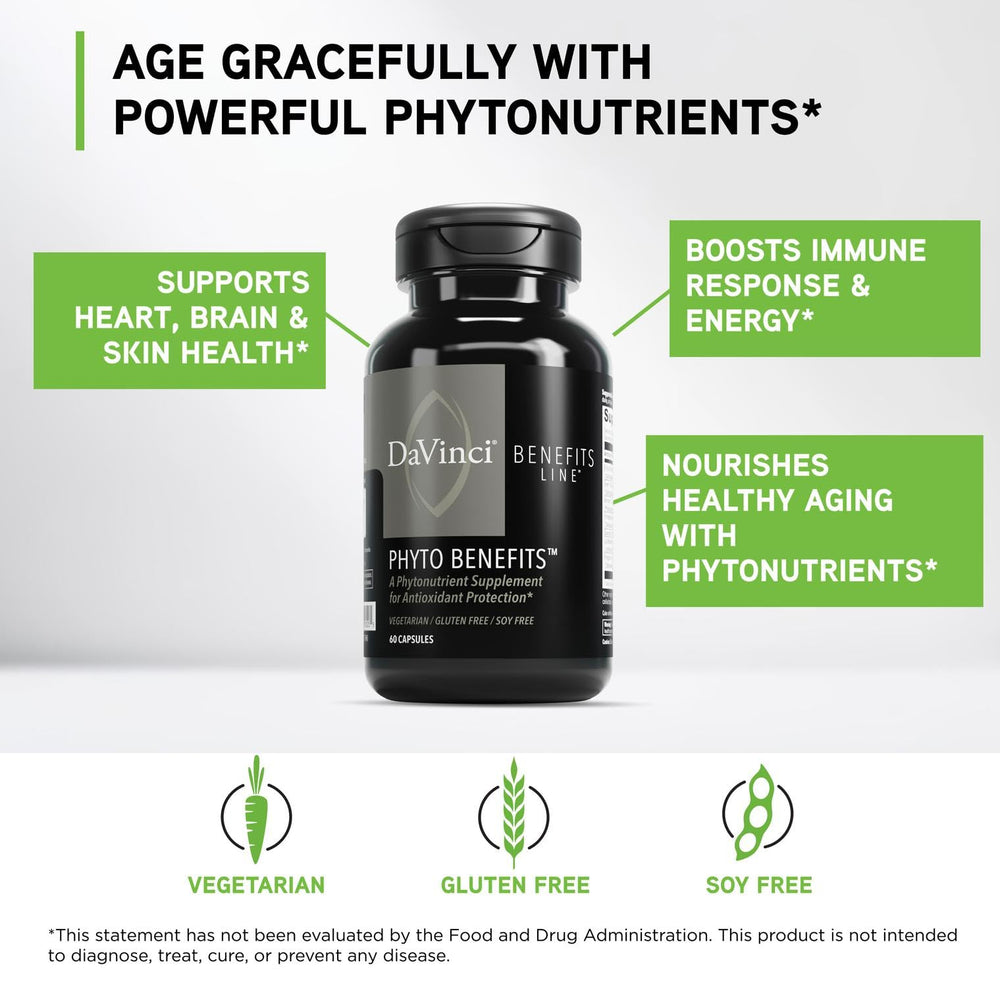 DAVINCI Phyto Benefits capsules on white background suggest brain and detox support.