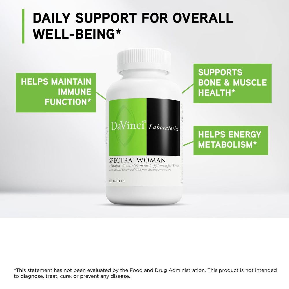 DaVinci Spectra Woman tablets close-up; easy-to-take dietary supplement.