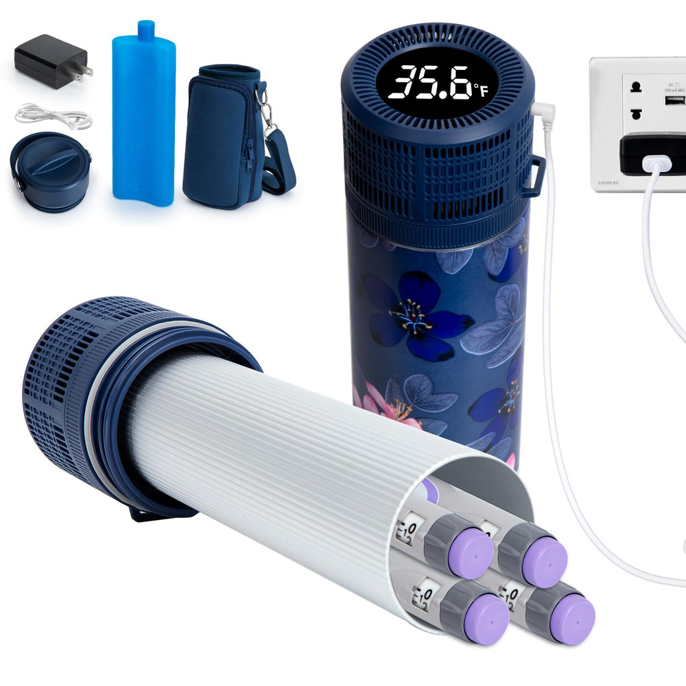 DAWNBOX electric insulin cooler travel case with display for precise temperature control on the go.