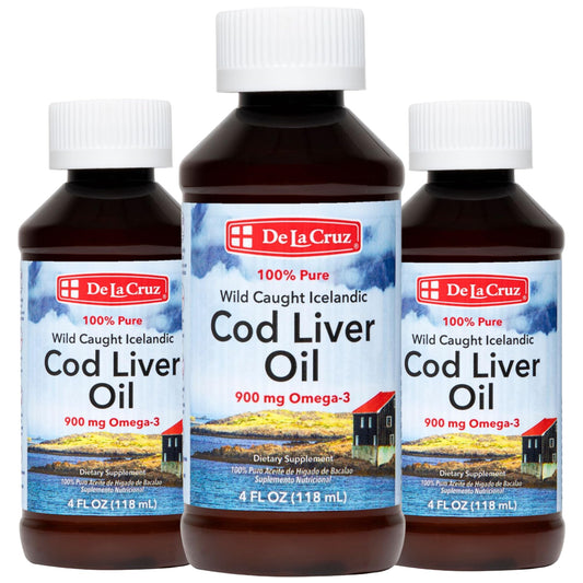 De La Cruz Cod Liver Oil Liquid bottle for daily omega-3 and vitamins
