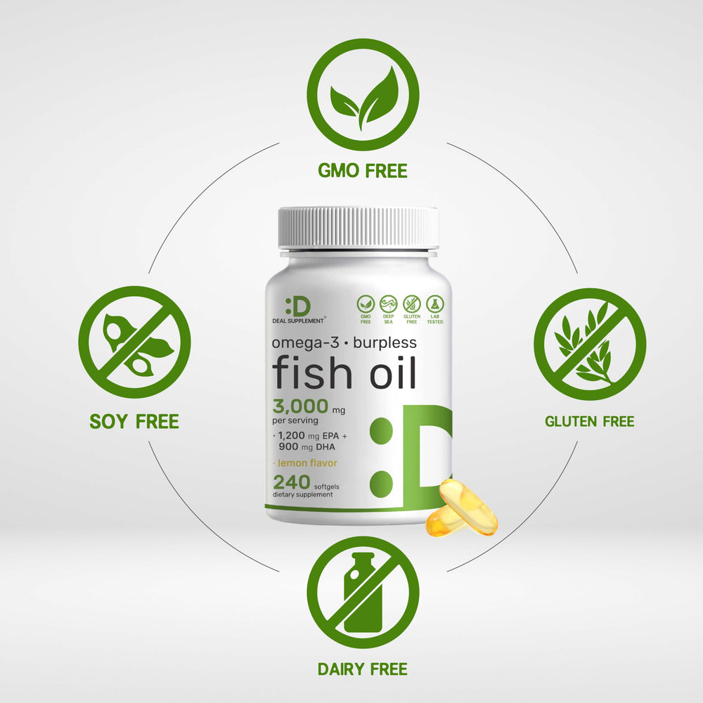 DEAL SUPPLEMENT omega-3 bottle showing 1200 mg EPA and 900 mg DHA.