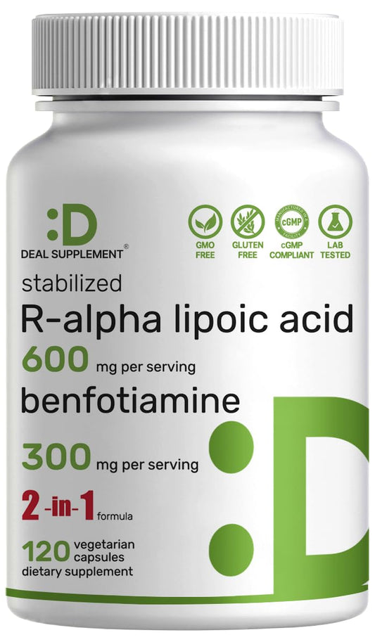 DEAL SUPPLEMENT R-ALA bottle showcasing high-bioavailability antioxidant formulation.