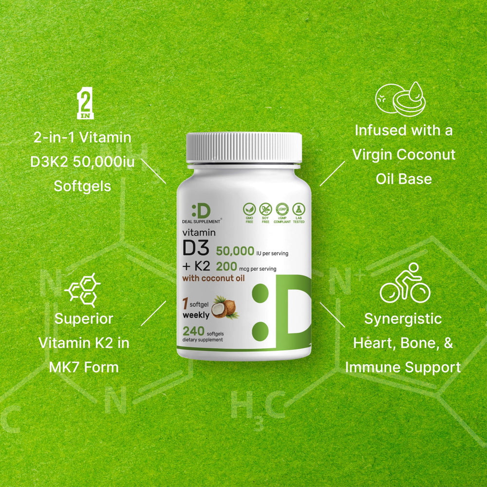 DEAL SUPPLEMENT Vitamin D3 K2 softgels capsules close‑up emphasizes easy swallow mini softgels