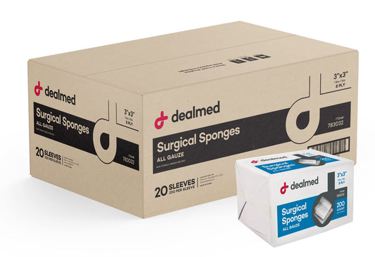 Dealmed 3x3 surgical sponges in packaging view, easy access for quick prep.