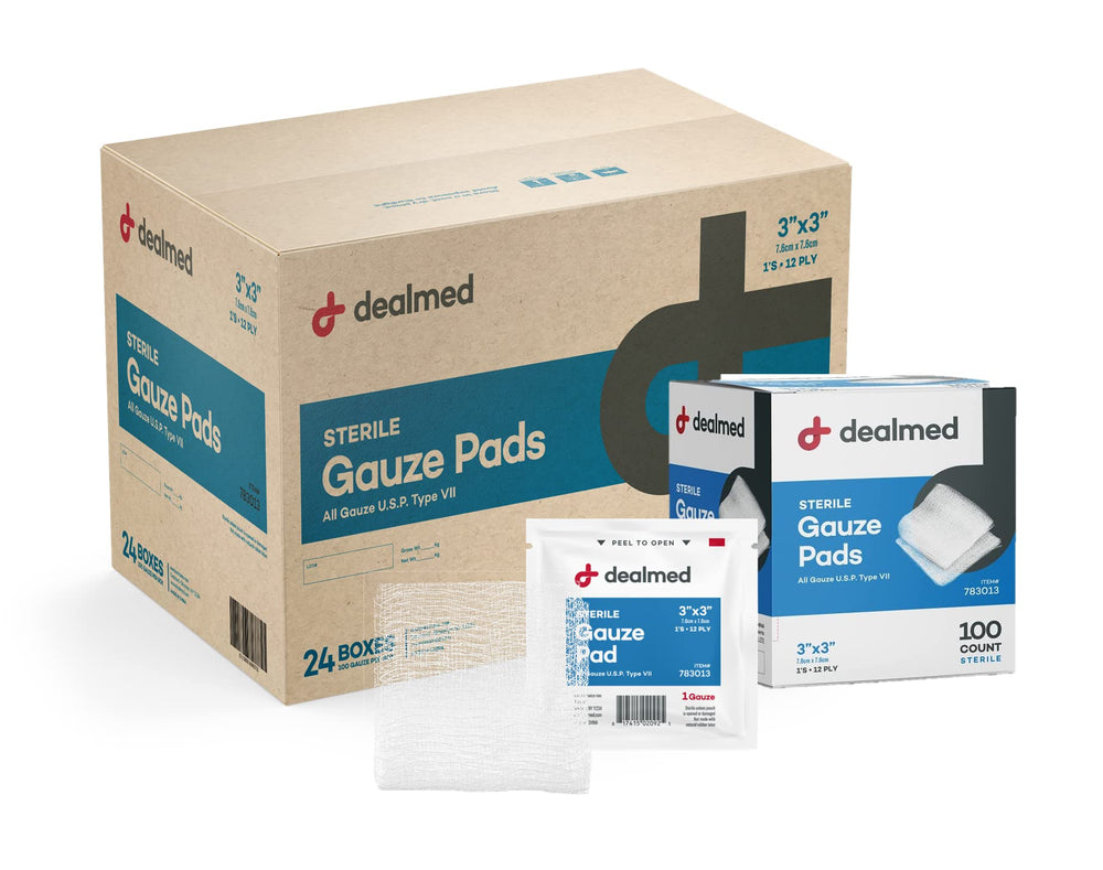 Dealmed 3x3 sterile gauze pad in a dispenser box for fast access.