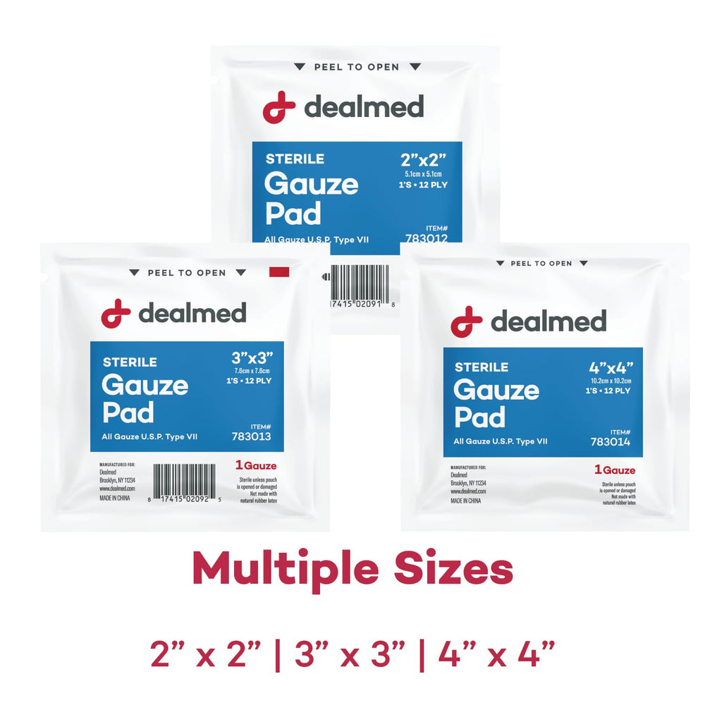 Dealmed gauze pad size variety 2x2, 3x3, and 4x4 options.
