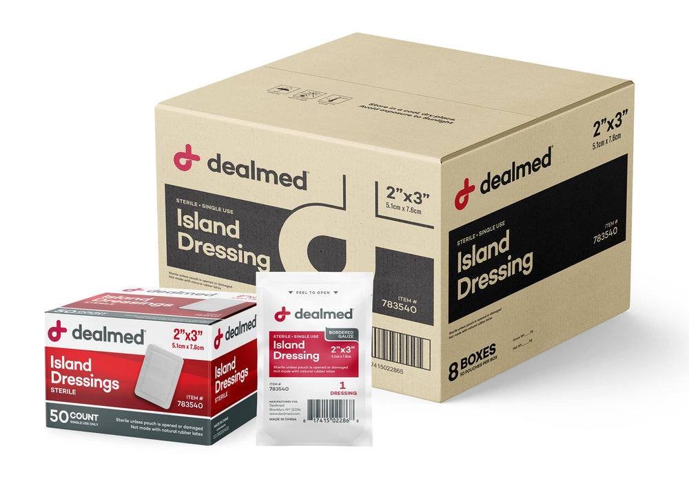 Dealmed Island Dressings in sealed packaging for hygienic first-aid readiness.