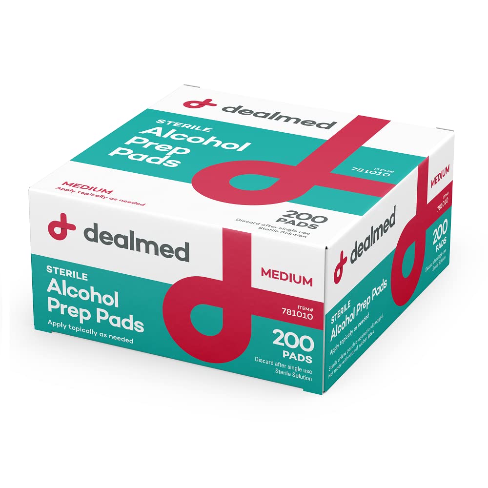 Dealmed latex-free alcohol pads ideal for skin cleaning and minor wounds.