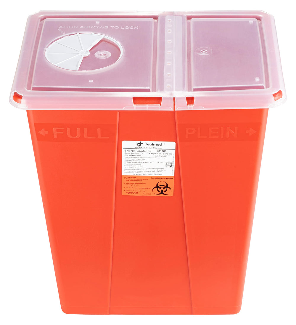 Dealmed sharps container 8G in-use clinic scene for safe disposal