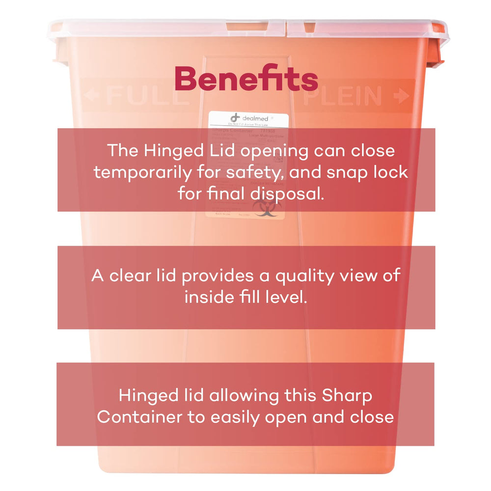 Dealmed sharps container 8G lid-open view shows quick, secure closure