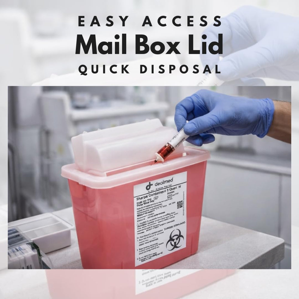 DealMed Sharps Container with clear lid to view fill level easily.