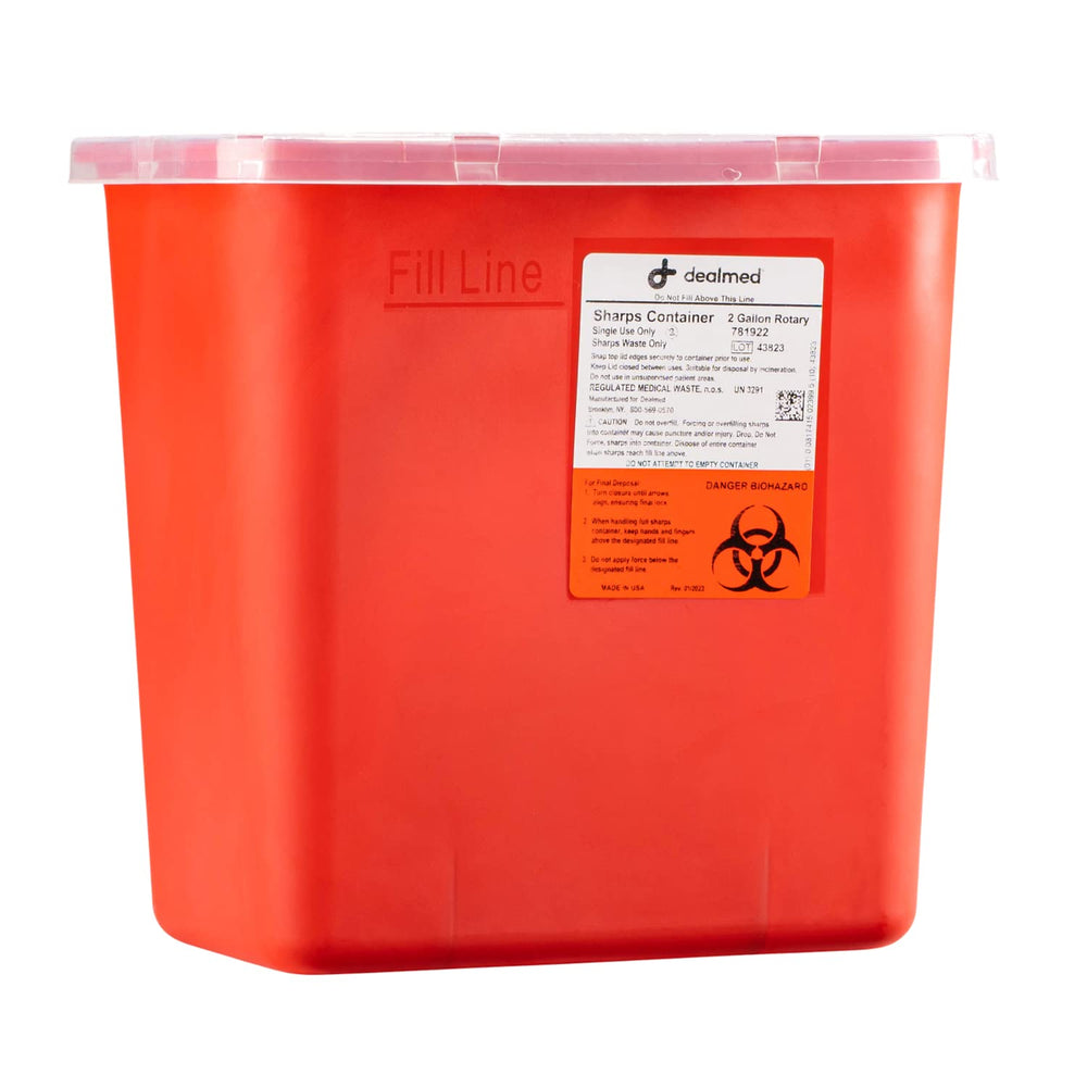 Dealmed sharps container rotor opening for one-handed disposal in busy clinics