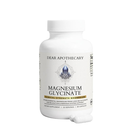 Dear Apothecary Magnesium Glycinate bottle showing the high-absorption formula for daily mineral support.