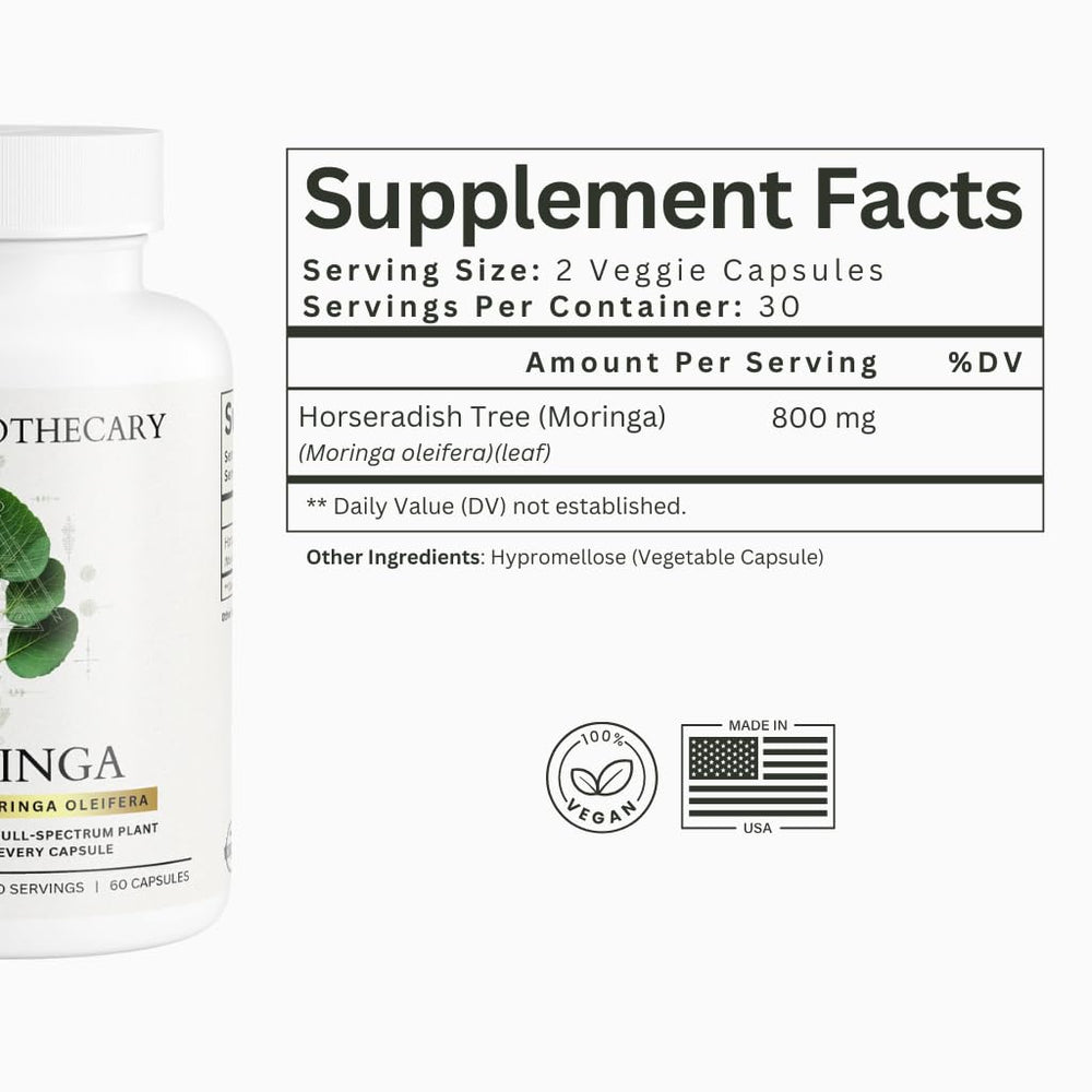 Dear Apothecary Moringa capsules arranged neatly, showcasing the vegan, non-GMO formula