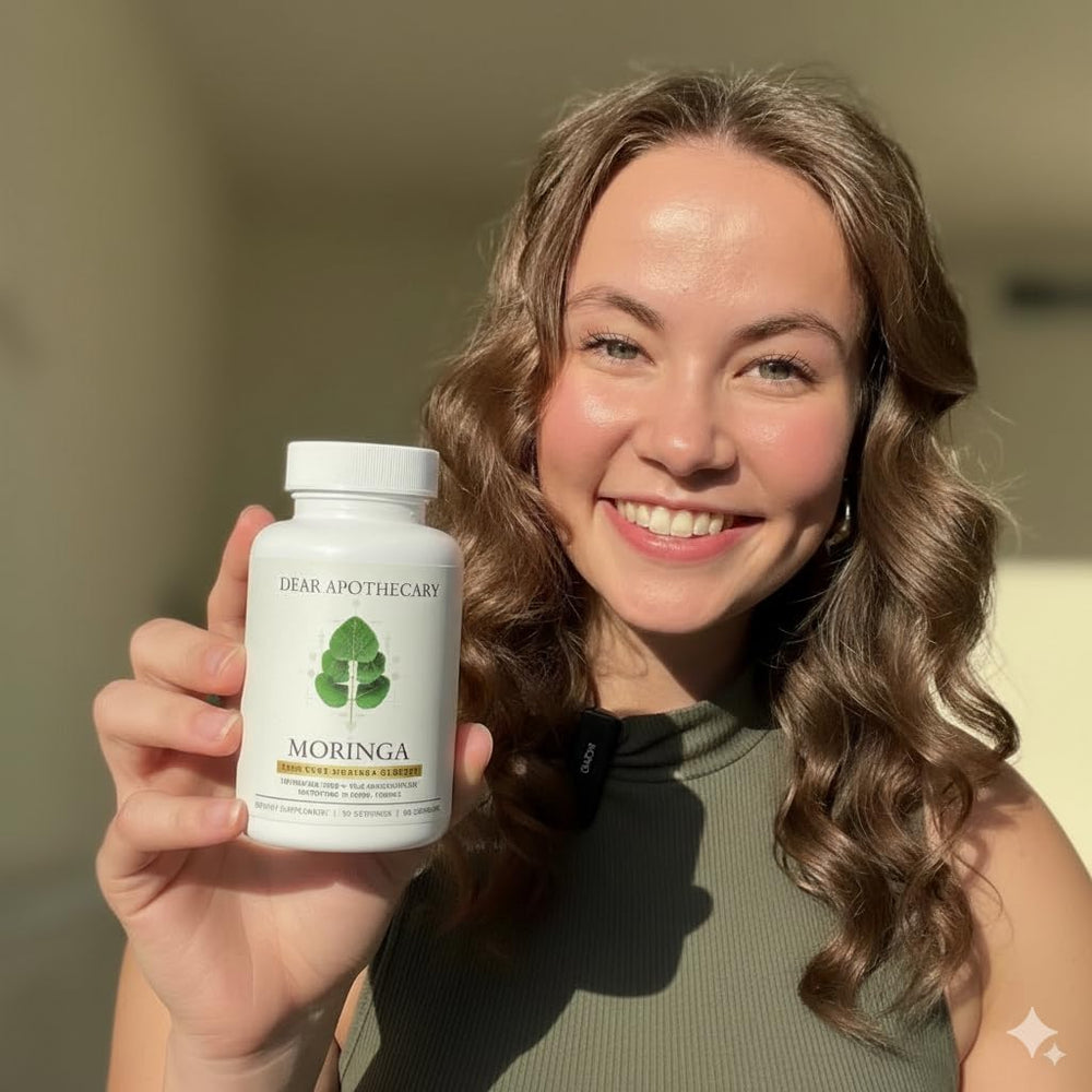 Dear Apothecary Moringa capsules on a surface, ready for a daily health routine