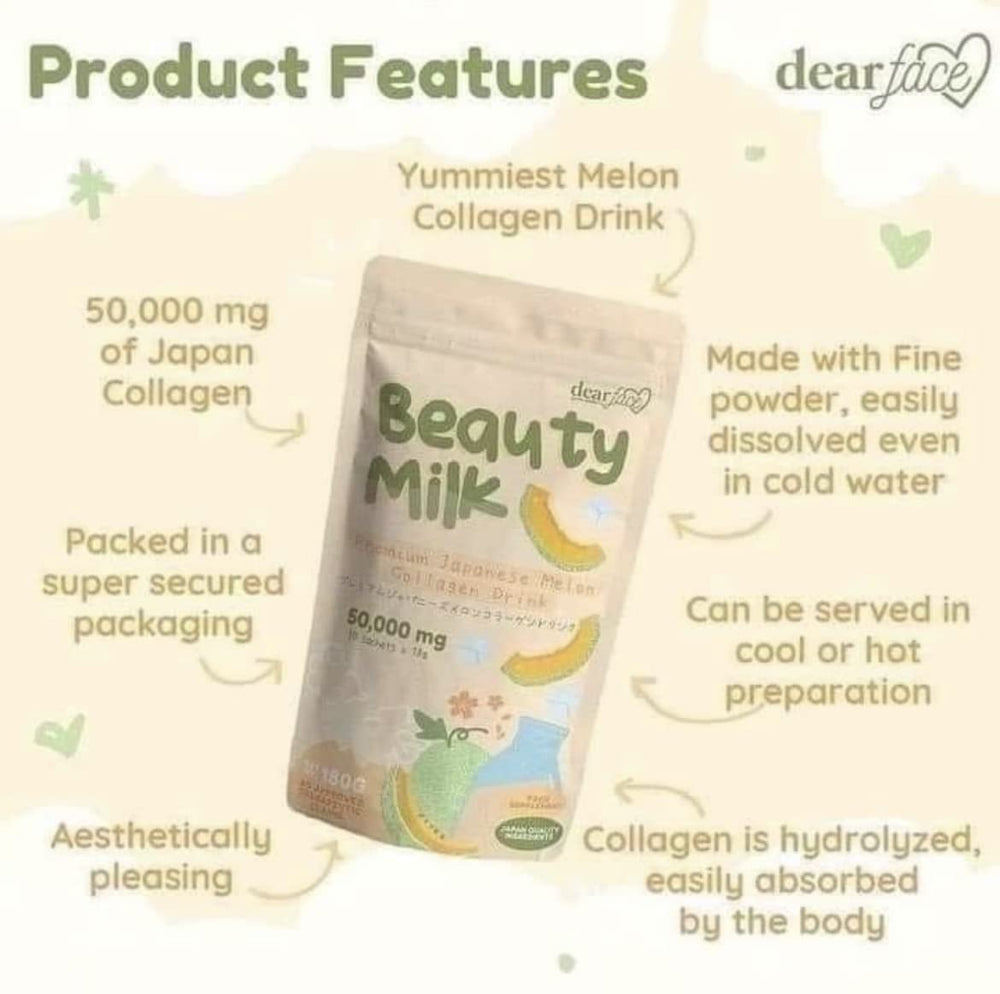 Dear Face Beauty Milk Collagen sachets close-up emphasizes portable serving options.