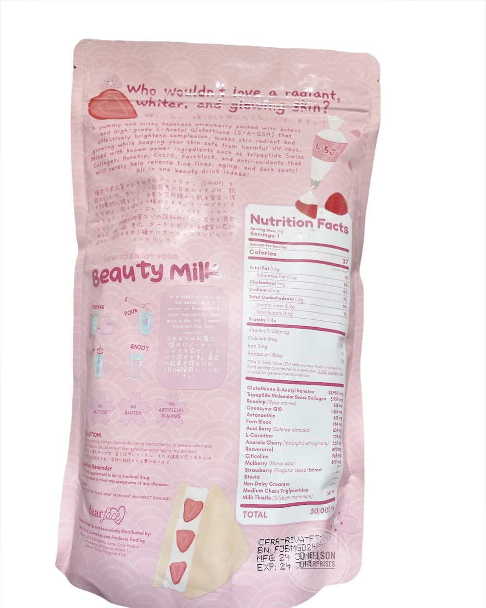 Dear Face collagen drink poured into glass ready for easy daily use.