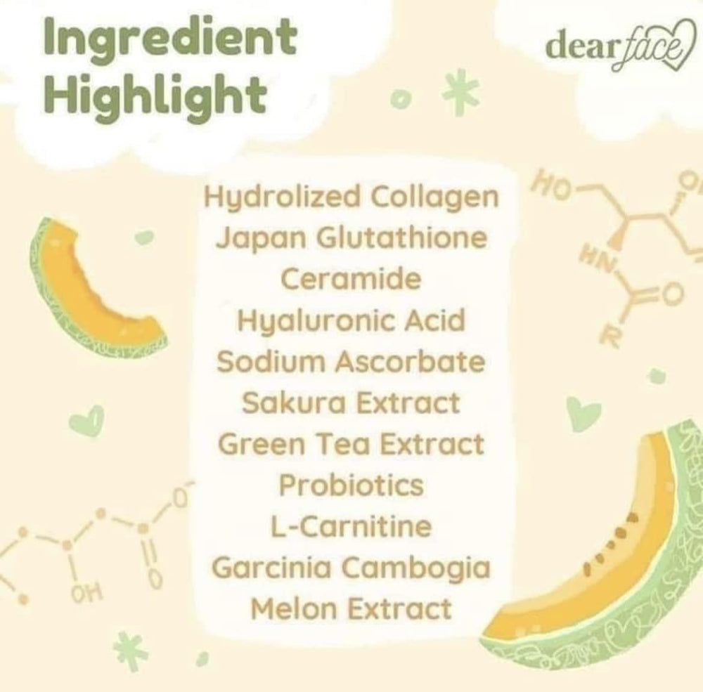 Dear Face strawberry flavor ingredients shown for a fruity collagen supplement ritual.
