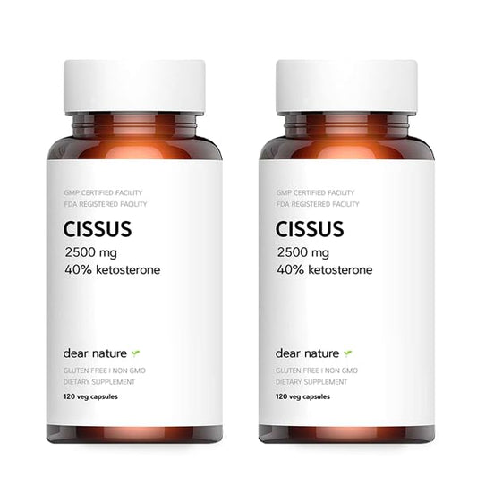 Dear Nature Cissus Extract bottle shows 2-pack and 2500mg formula for joint comfort