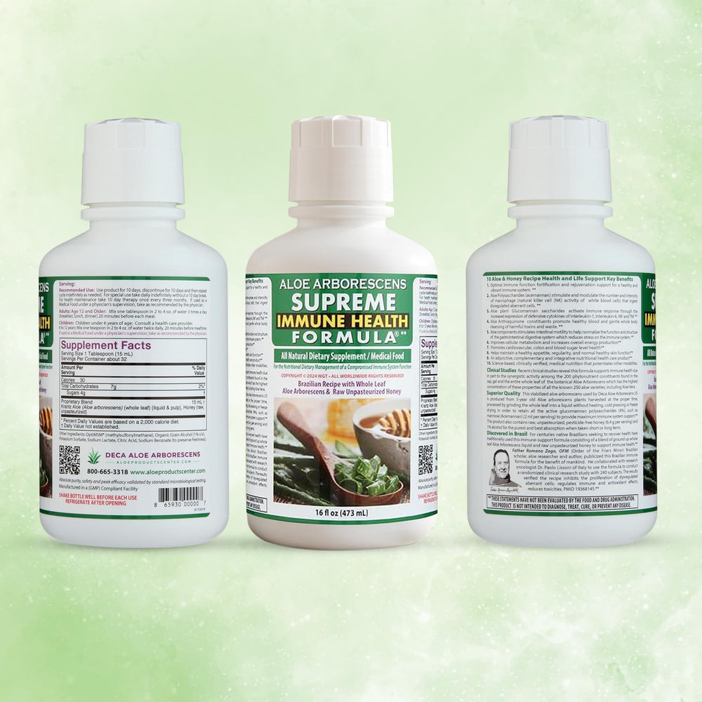 Label close-up: Deca Aloe Arborescens US Organic formula and nutrients.