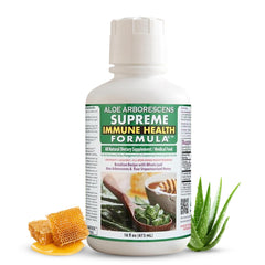 Deca Aloe Arborescens US Supreme Immune Health bottle with honey drizzle supports wellness.