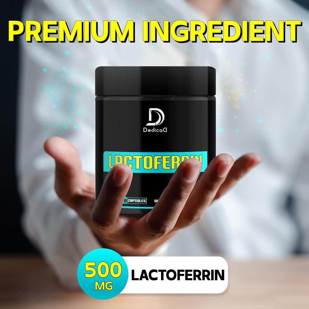 Closeup of DEDICAD lactoferrin capsules highlighting a two-pill daily regimen.