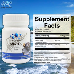 Deep Blue Health bottle front label featuring oyster extract and mussel blend.