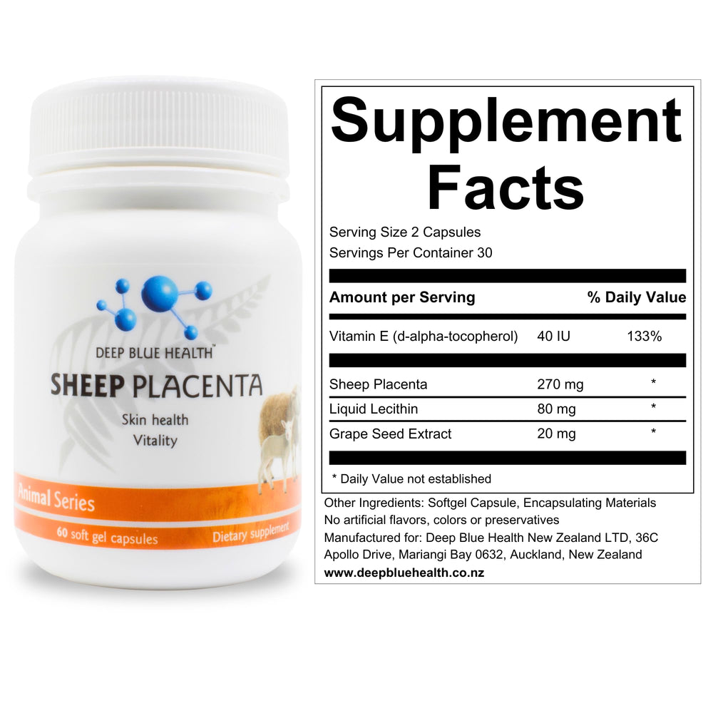 Deep Blue Health Sheep Placenta bottle front with 60 capsules