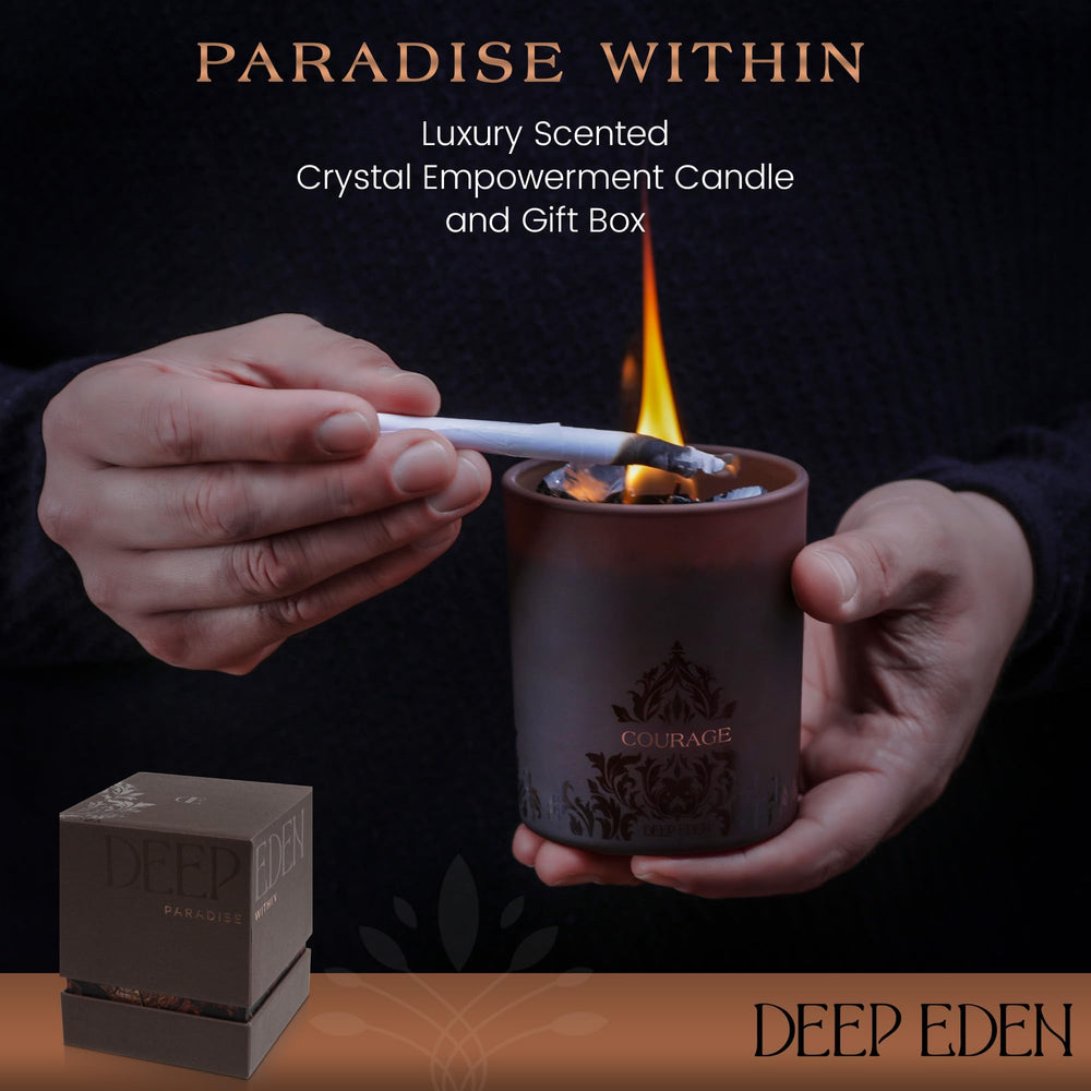 Deep Eden Black Tourmaline Crystals visible in the candle for grounding energy.