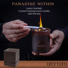 Deep Eden Black Tourmaline Crystals visible in the candle for grounding energy.