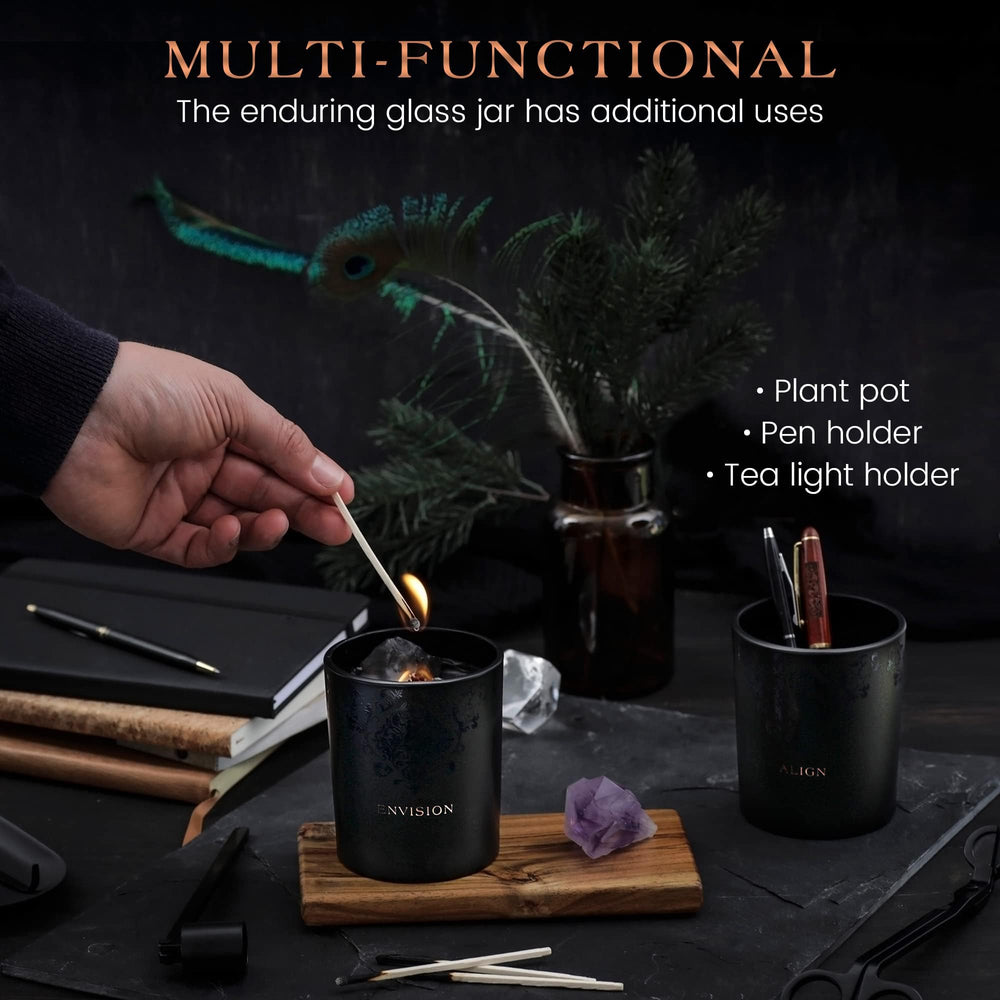 Wood wick candle crackling softly for cozy mood lighting.
