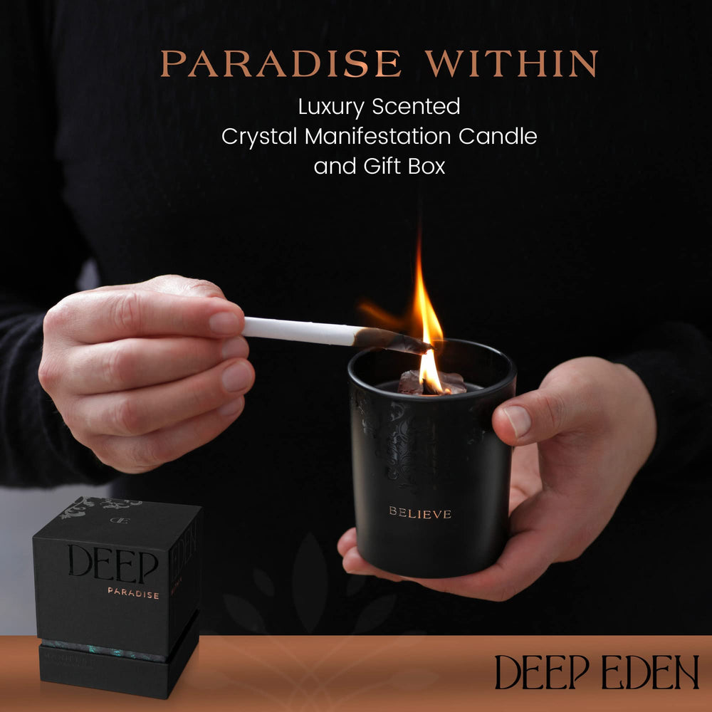 Deep Eden crystal candle with smoky quartz and clear quartz for manifestation rituals.