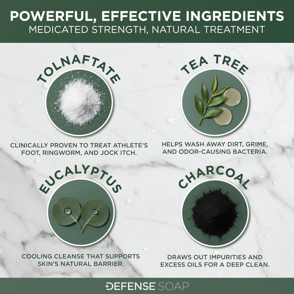 Defense Antifungal Bar Soap foot-application demonstrates targeted use for feet.
