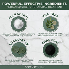 Defense Antifungal Bar Soap foot-application demonstrates targeted use for feet.