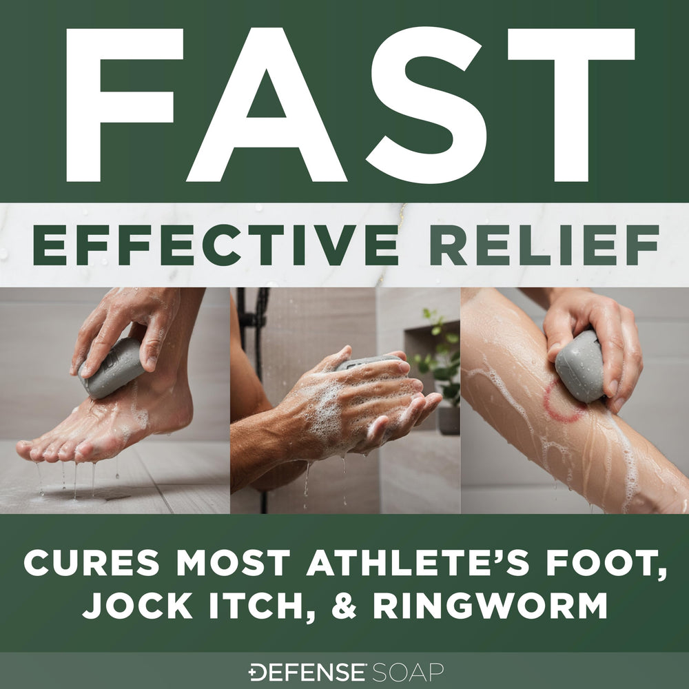 Defense Antifungal Bar Soap lathering on skin suggests cleansing benefit.