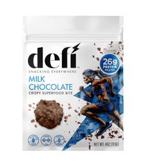 DEFI Milk Chocolate Crispy Superfood Bites, on-the-go protein snack for active lifestyles.