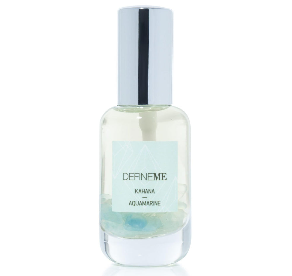 DefineMe Kahana aquamarine bottle with crystal-inspired design evokes calm coastal freshness