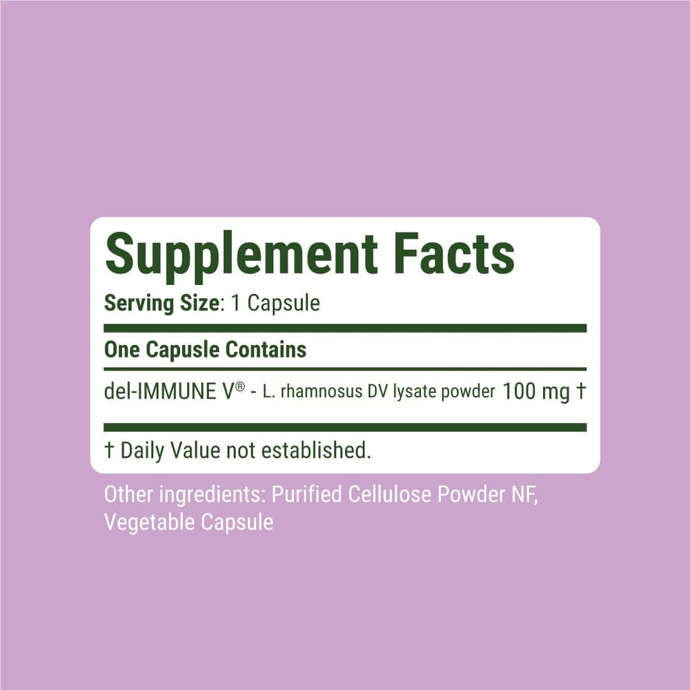 Del-Immune V Defense capsules highlight metabiotic therapy for gut and immune balance.