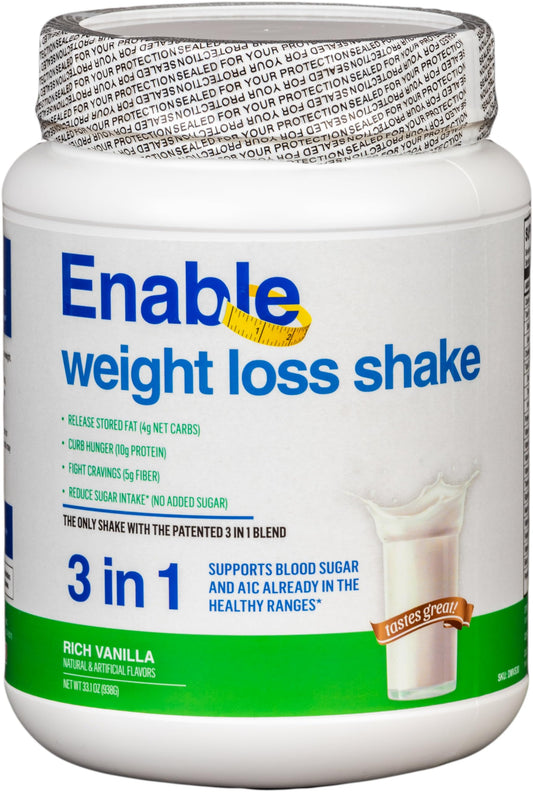 Del Mar Health Enable Vanilla Shake bottle shows creamy texture for a satisfying meal.