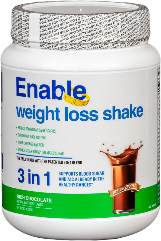 Del Mar Health Enable Weight Loss Shake chocolate glass pour, a satisfying meal replacement.