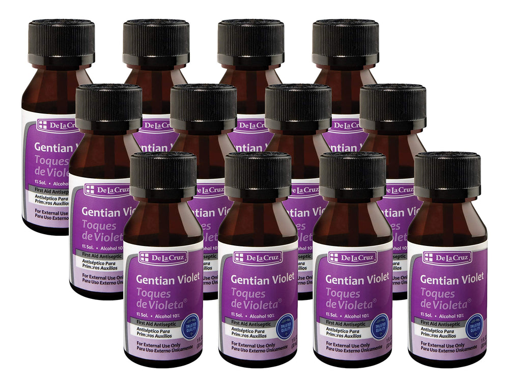 De La Cruz Gentian Violet bottle with 1% tincture for fast antiseptic first-aid use.