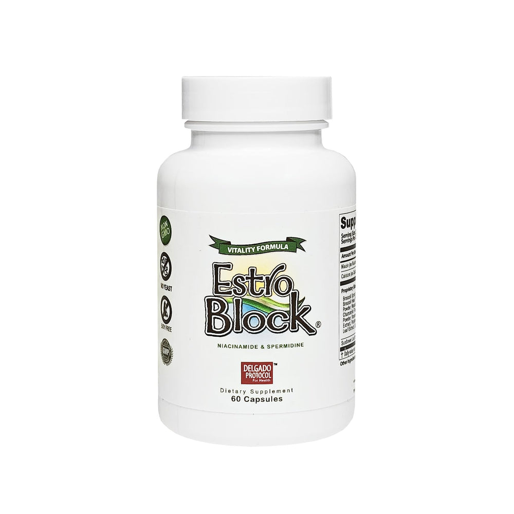 The Delgado Protocol EstroBlock Vitality bottle front, vegan formula supporting daily vitality.