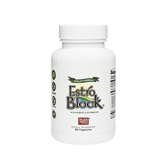 The Delgado Protocol EstroBlock Vitality bottle front, vegan formula supporting daily vitality.