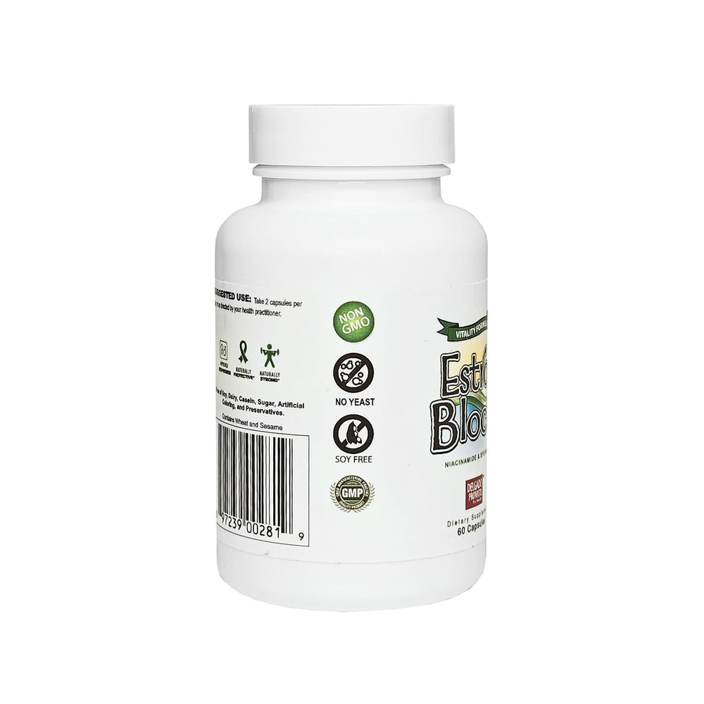 Pouring EstroBlock Vitality capsules to illustrate a daily supplement ritual.