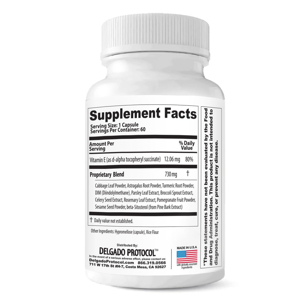 Delgado Protocol DHT Block capsules closeup shows vegan capsules supporting balance.