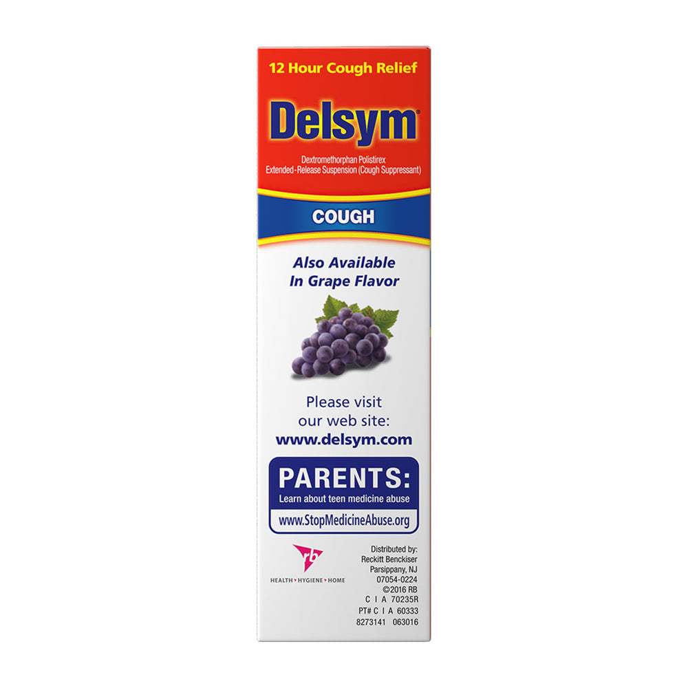 Delsym packaging box close-up with branding and directions