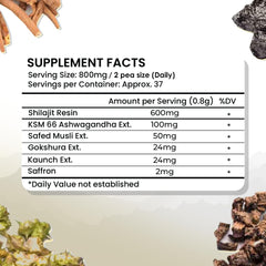 Deluce Himalayan Shilajit Resin Gold ingredients glimpse noting KSM-66 Ashwagandha and herbs.