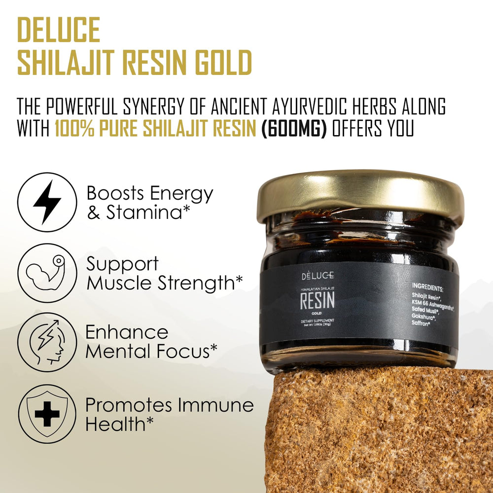 Deluce Himalayan Shilajit Resin Gold pouring shot emphasizing antioxidant-rich formula.