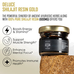 Deluce Himalayan Shilajit Resin Gold pouring shot emphasizing antioxidant-rich formula.