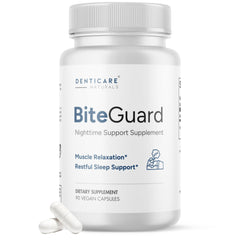Denticare Naturals BiteGuard bottle and capsules for nighttime jaw comfort.